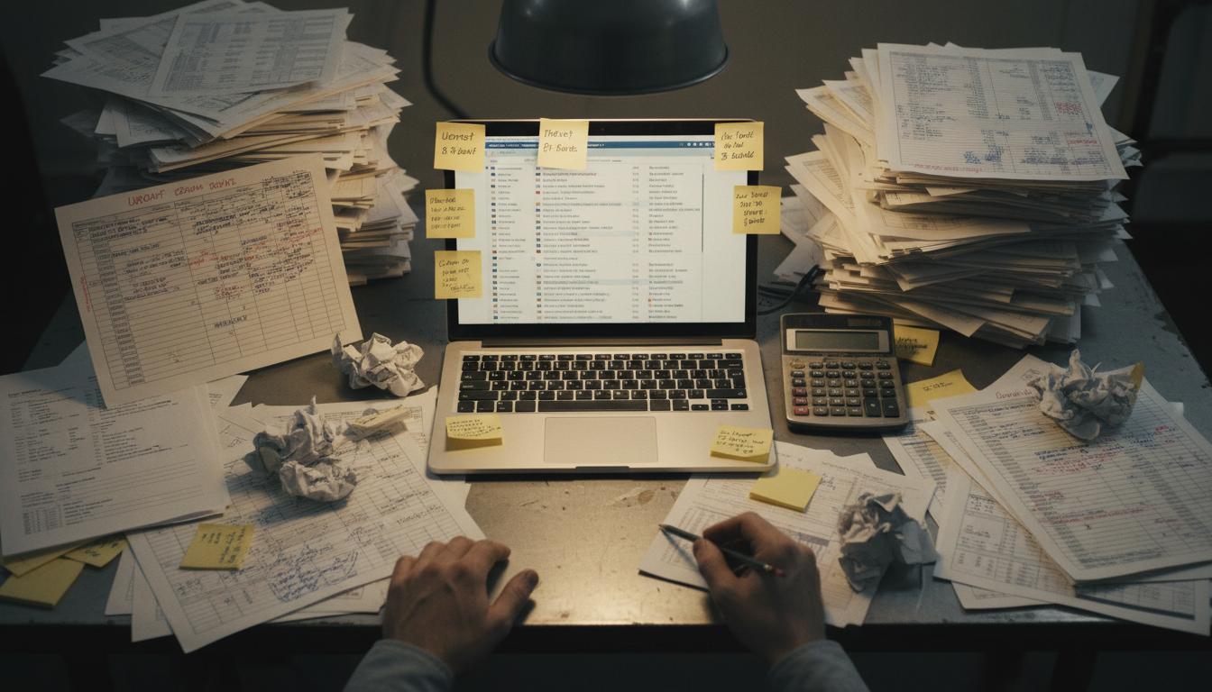 Messy desk with spreadsheets and paper forms